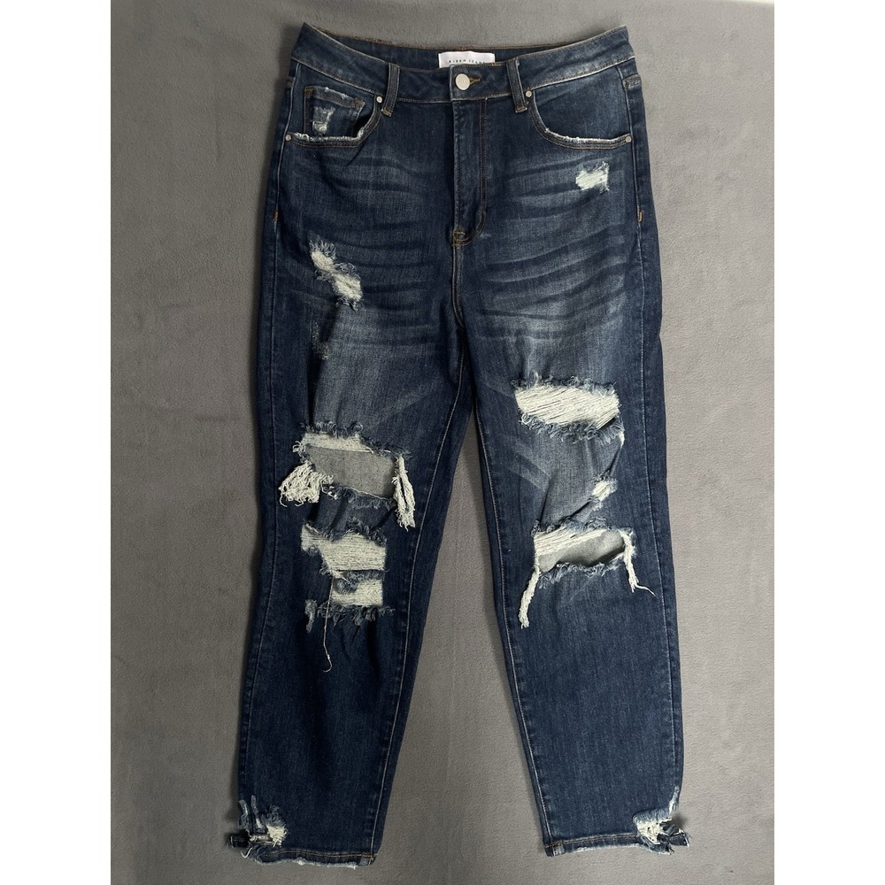 Risen Jeans Straight Leg Blue Distressed Pockets Women's Size 13/31 (30x26)